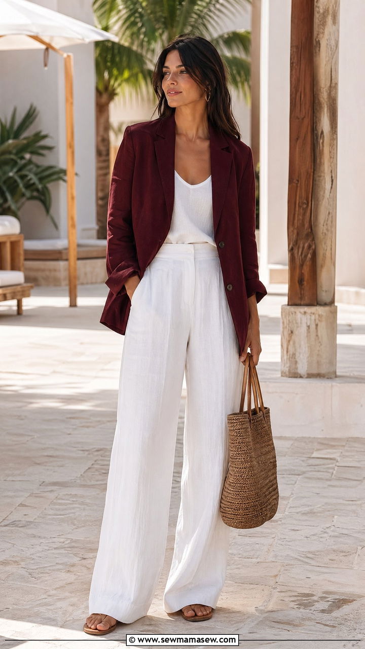 Burgundy linen blazer with white linen trousers outfit - 35 Spring outfits in burgundy