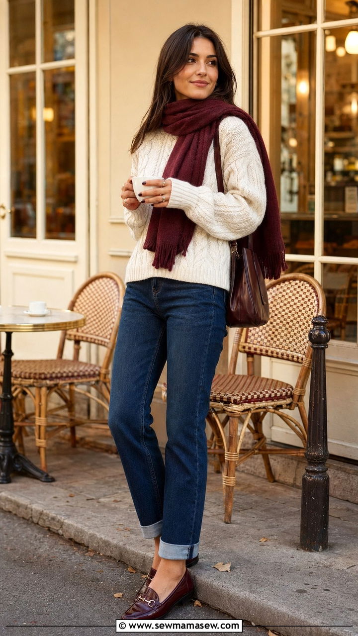 Burgundy loafers with cuffed straight jeans and a cable knit - 35 Parisian outfit ideas 2026