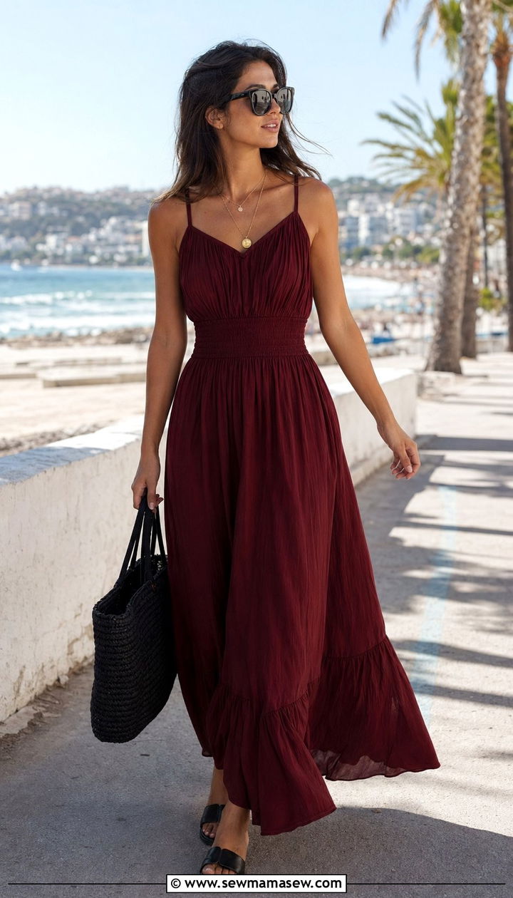 Burgundy maxi dress and black sandals outfit - 30 Black and burgundy outfit ideas