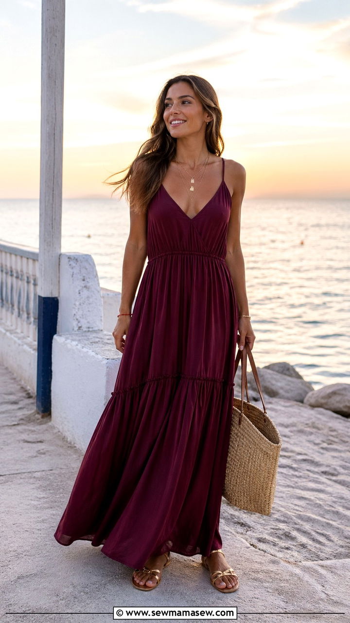 Burgundy maxi dress with gold sandals - 40 All burgundy outfit ideas