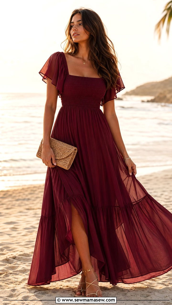 Burgundy maxi dress with strappy sandals - 30 Wine outfit ideas