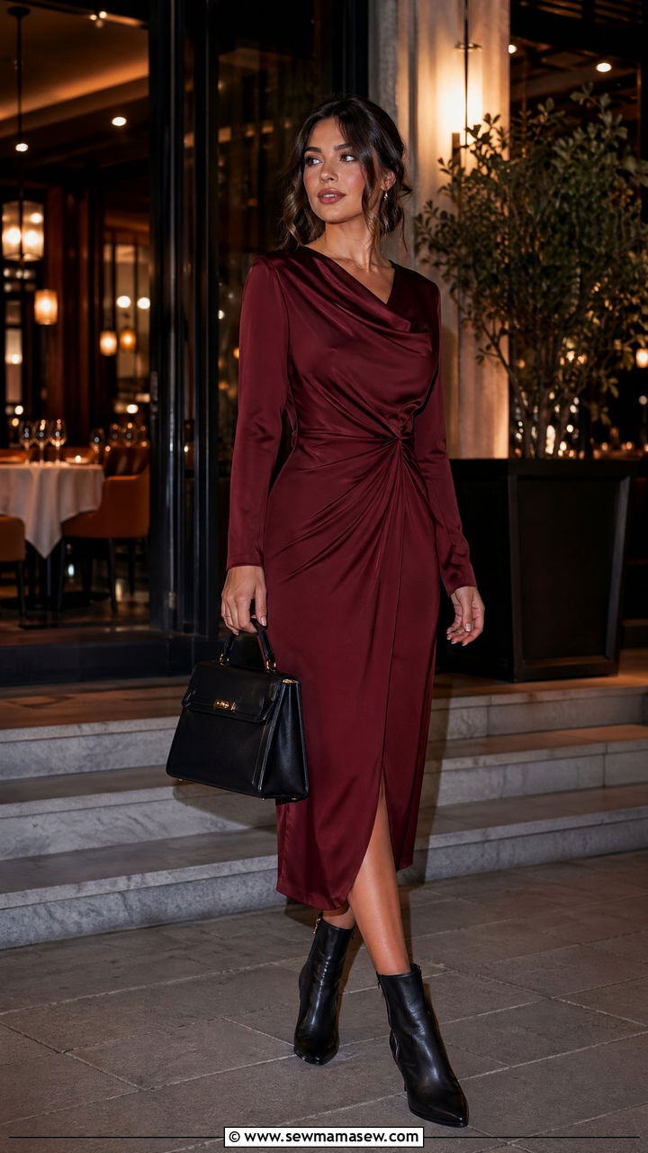 Burgundy midi dress with ankle boots - 35 classy outfit ideas for women