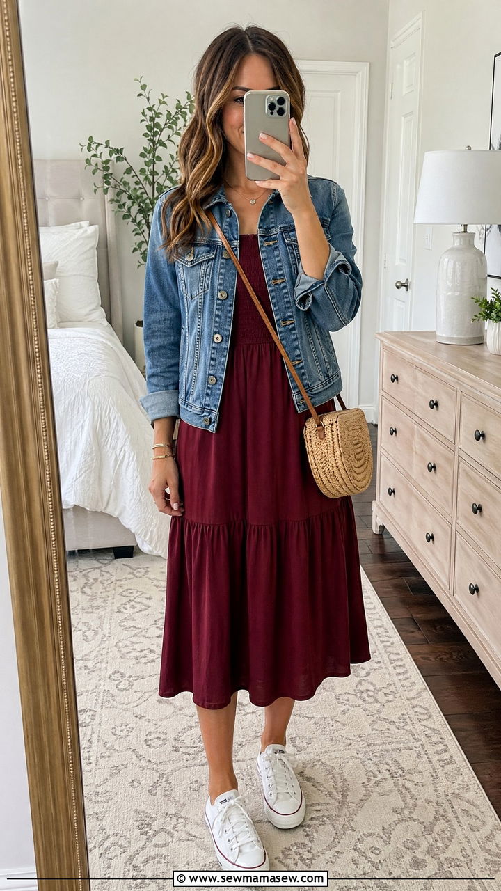 Burgundy midi dress with denim jacket outfit - 35 Spring outfits in burgundy