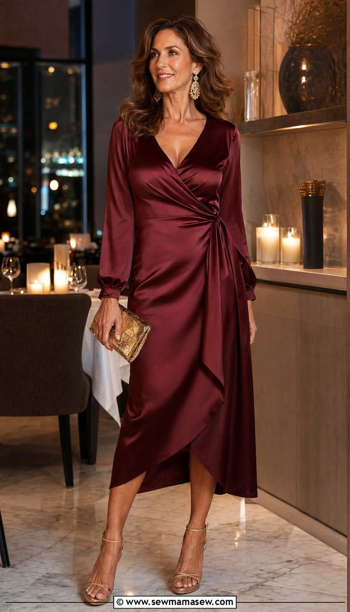 Burgundy midi dress with gold accessories evening outfit over 40 - 35 Night out outfit ideas women over 40