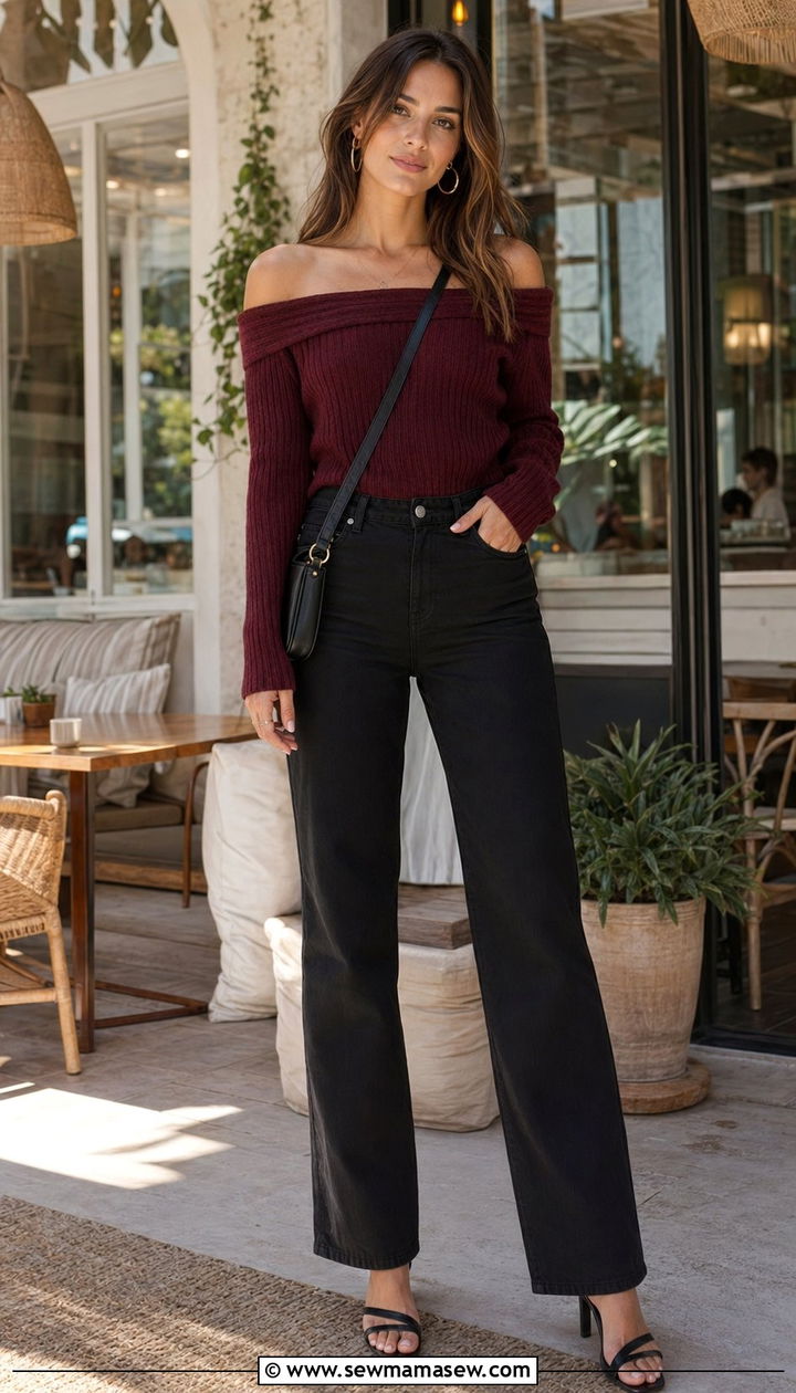 Burgundy off shoulder top and black jeans outfit - 30 Black and burgundy outfit ideas