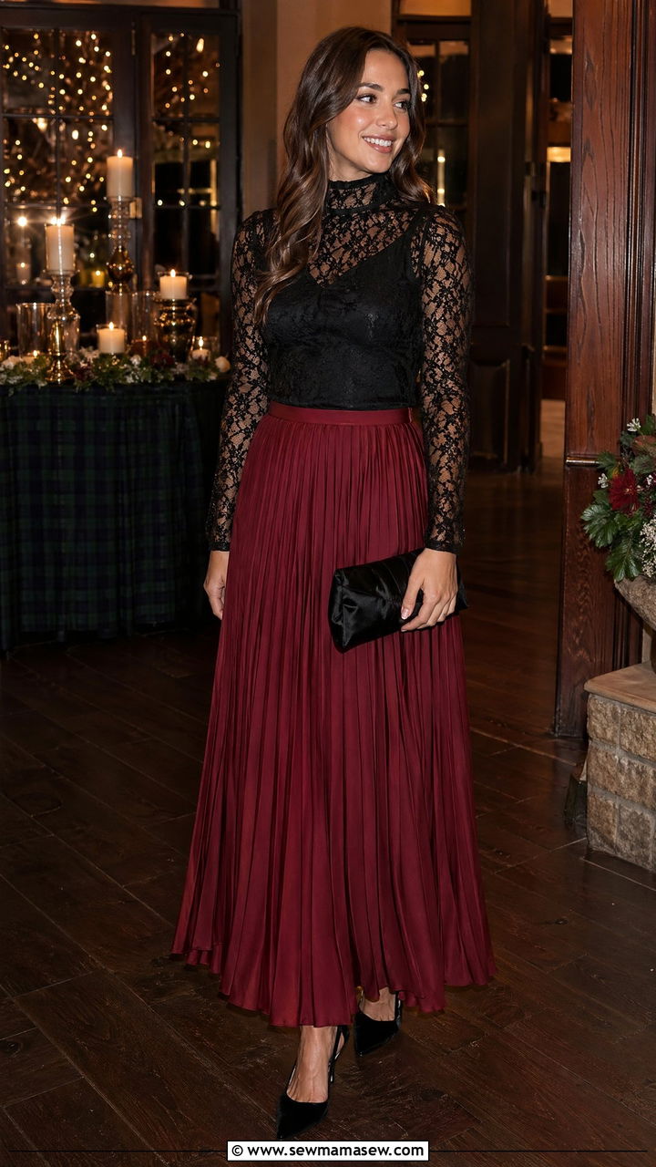 Burgundy pleated maxi skirt with black lace top outfit - 35 Country club wedding guest outfit ideas