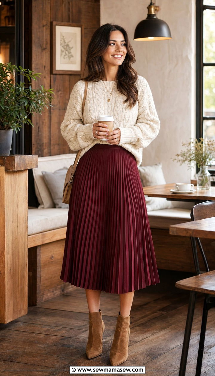 Burgundy pleated midi skirt with a cream knit - 30 Wine outfit ideas