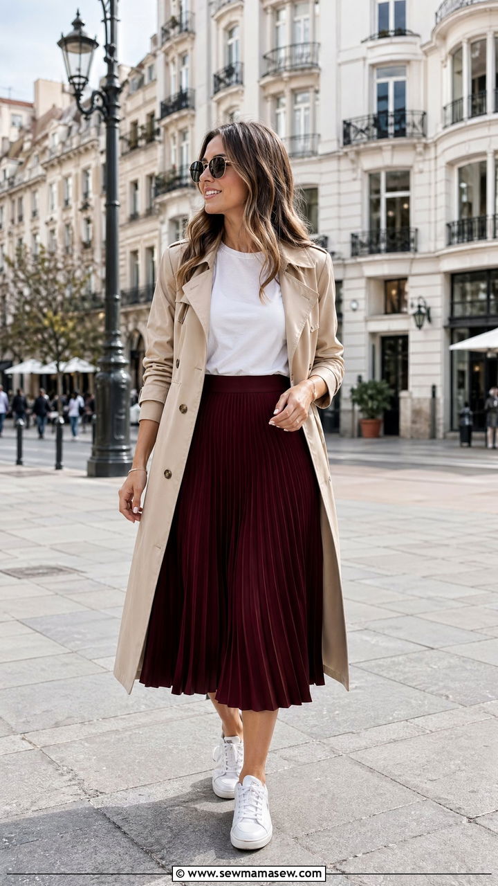 Burgundy pleated midi skirt with white t shirt outfit - 35 Spring outfits in burgundy