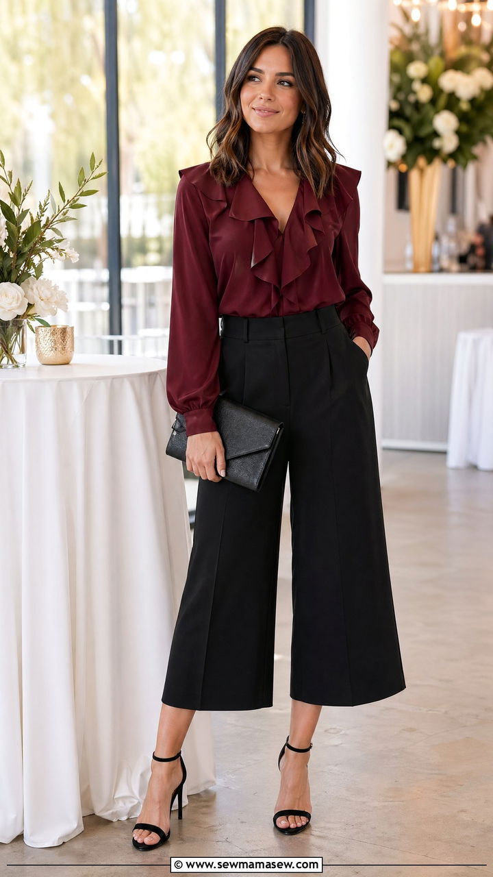 Burgundy ruffle blouse with black culottes outfit - 35 Spring outfits in burgundy