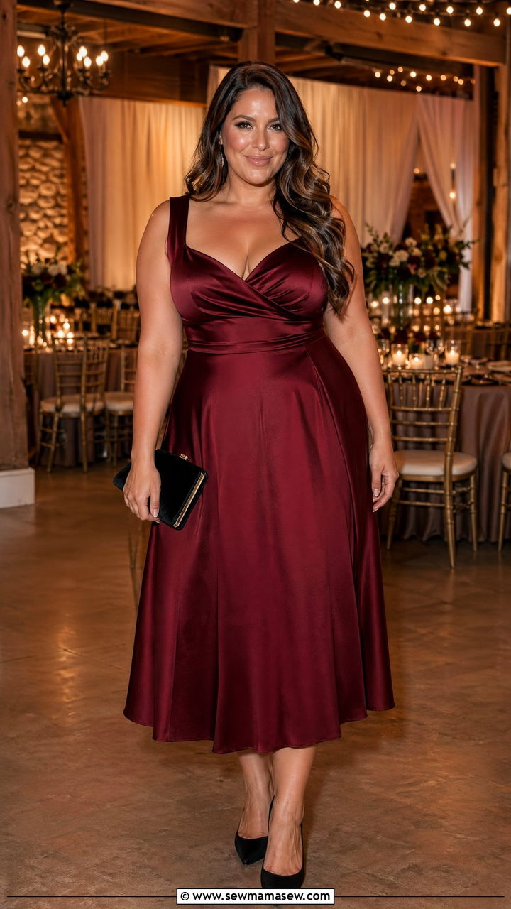 Burgundy satin A line dress with black pointed heels - 35 Wedding guest outfits for curvy women
