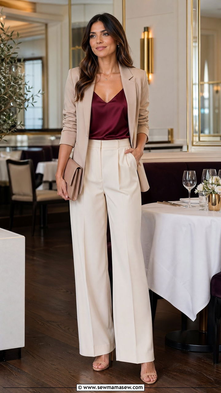 Burgundy satin camisole with beige blazer outfit - 35 Spring outfits in burgundy
