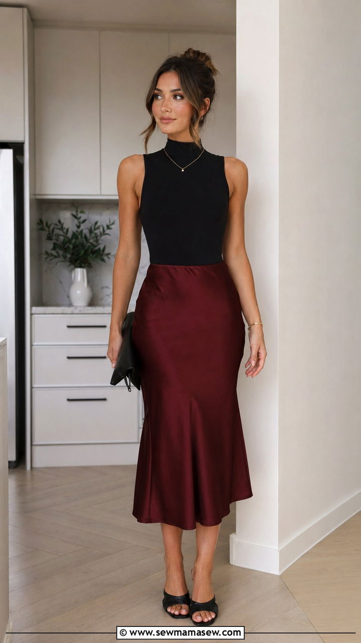 Burgundy satin midi skirt and black bodysuit outfit - 30 Black and burgundy outfit ideas