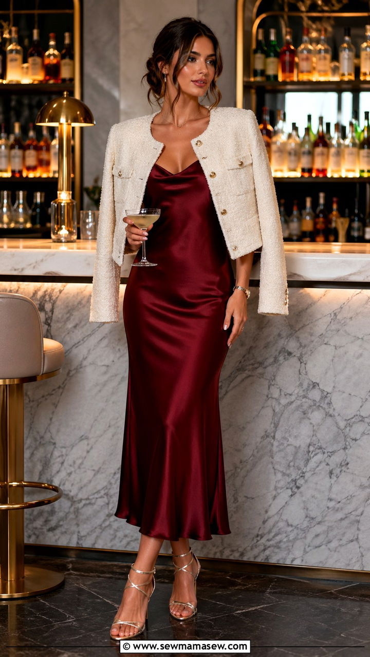 Burgundy satin slip dress with a cropped jacket - 40 All burgundy outfit ideas