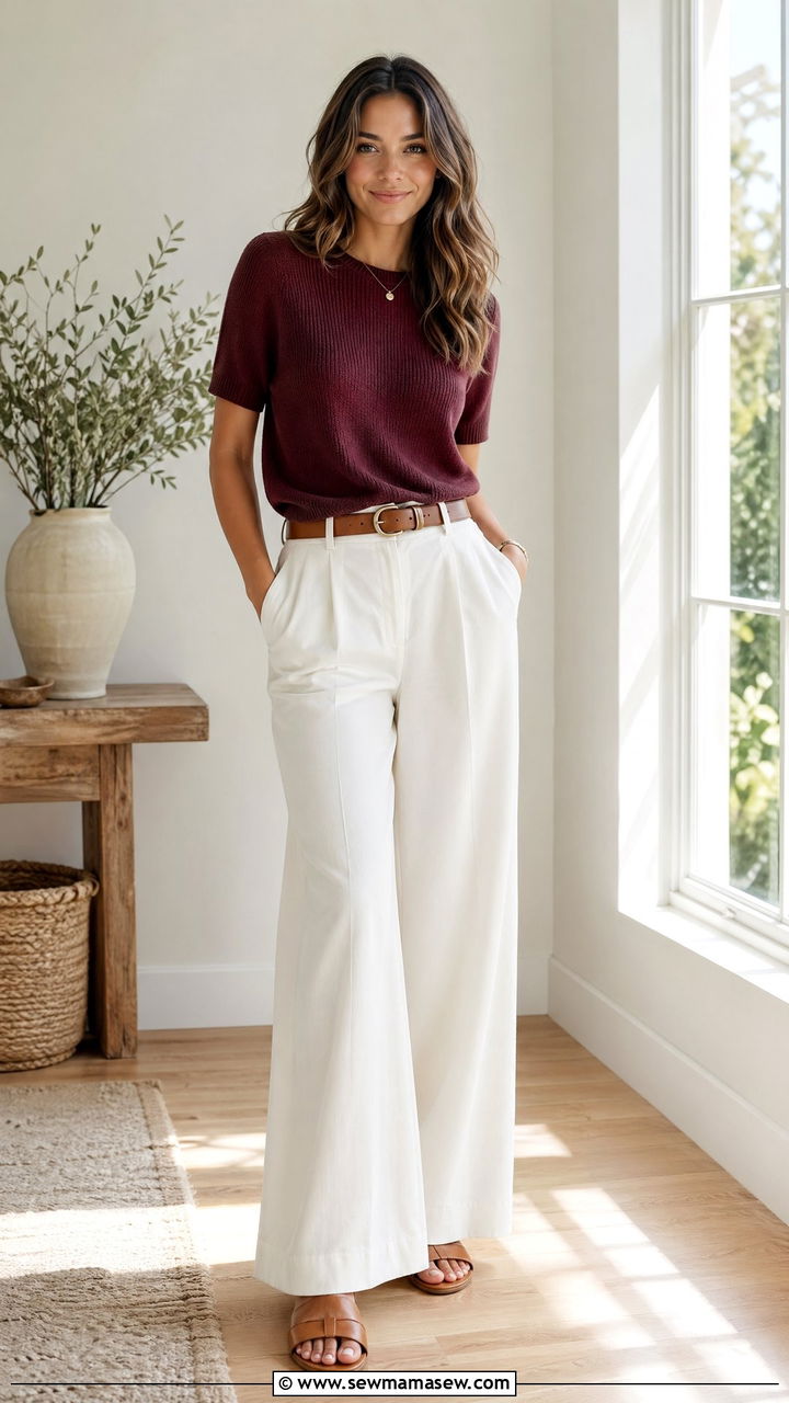 Burgundy short sleeve sweater with white wide leg pants outfit - 35 Spring outfits in burgundy