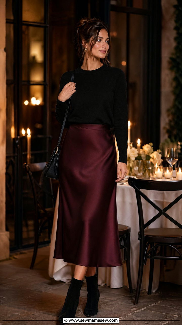 Burgundy silk skirt with black fine knit sweater - 35 Stealth wealth outfit ideas