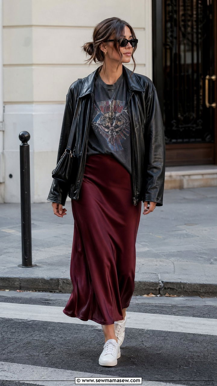 Burgundy slip skirt with graphic tee outfit - 35 Spring outfits in burgundy