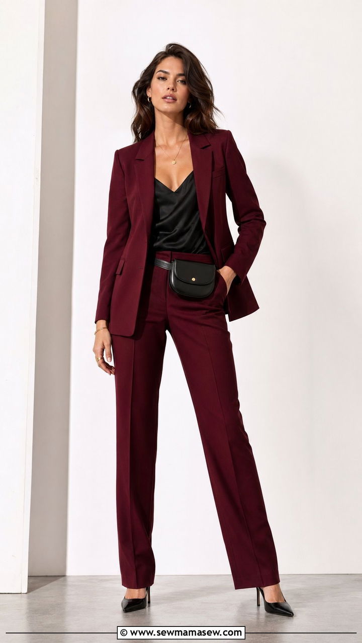 Burgundy suit and black top outfit - 30 Black and burgundy outfit ideas