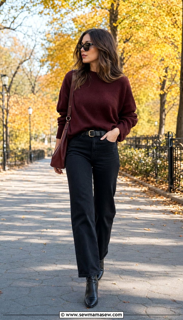 Burgundy sweater and black jeans outfit - 30 Black and burgundy outfit ideas