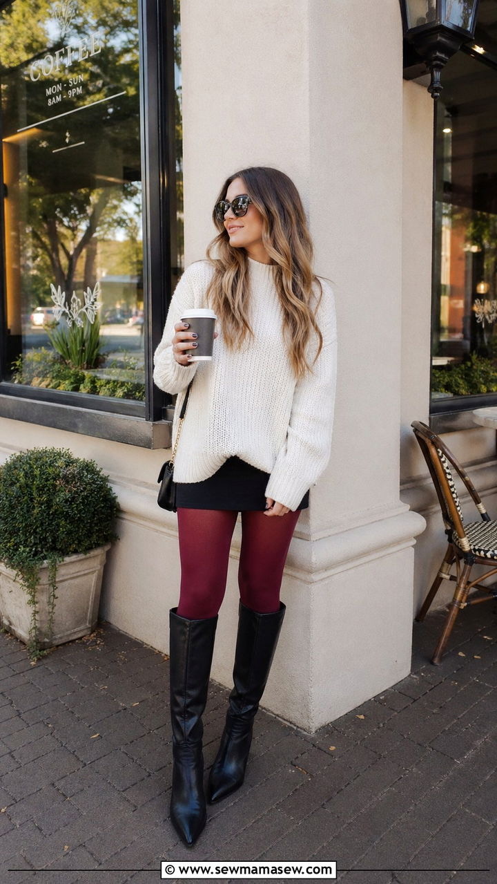 Burgundy tights with an oversized sweater and mini skirt - 40 All burgundy outfit ideas