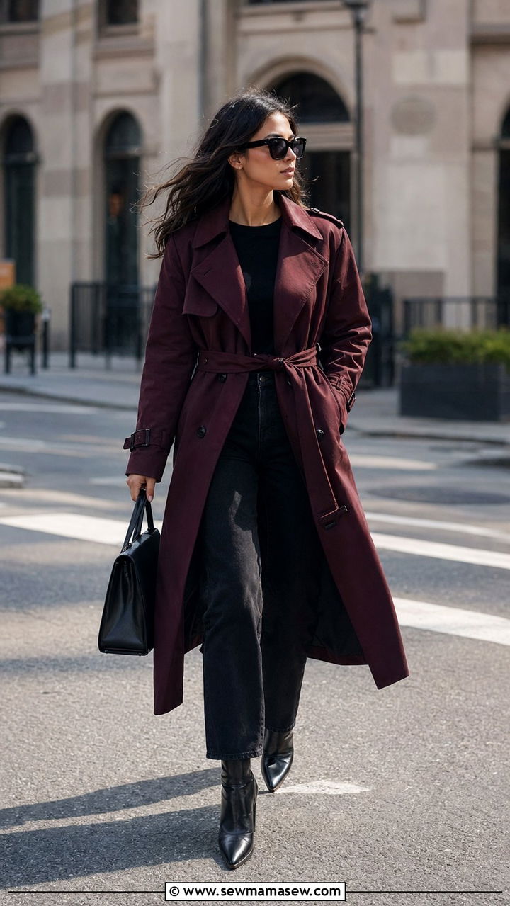 Burgundy trench coat over all black outfit - 30 Black and burgundy outfit ideas