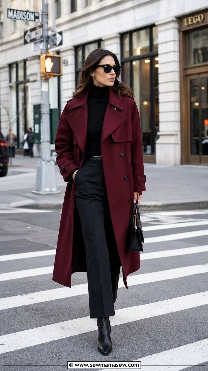 Burgundy trench coat over an all black base - 40 All burgundy outfit ideas