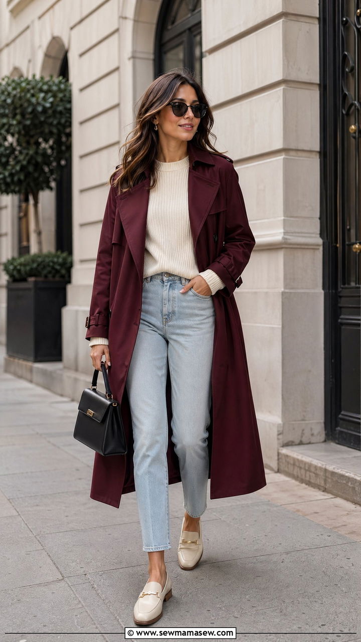 Burgundy trench coat with cream sweater and jeans outfit - 35 Spring outfits in burgundy