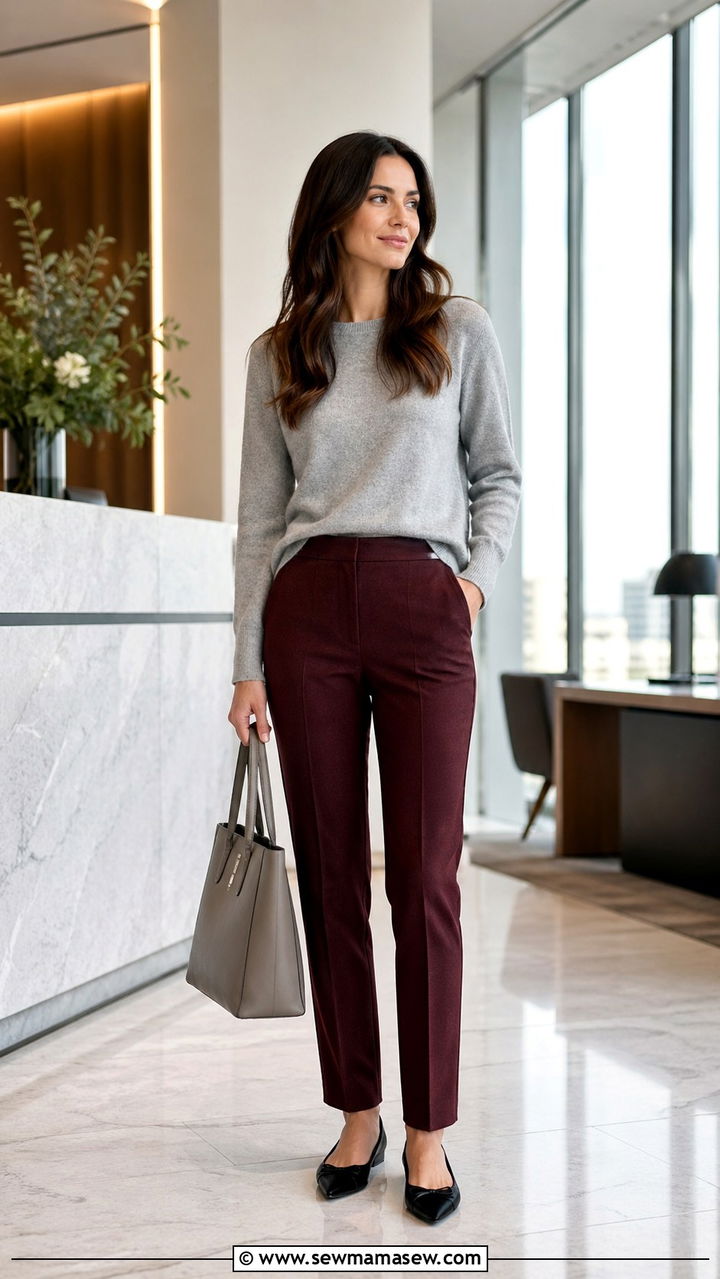 Burgundy trousers with a grey sweater - 40 All burgundy outfit ideas