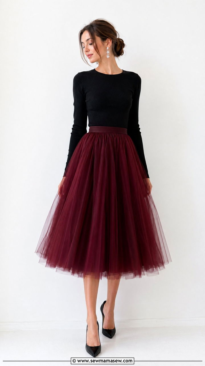 Burgundy tulle midi skirt with fitted sweater outfit - 35 Spring outfits in burgundy