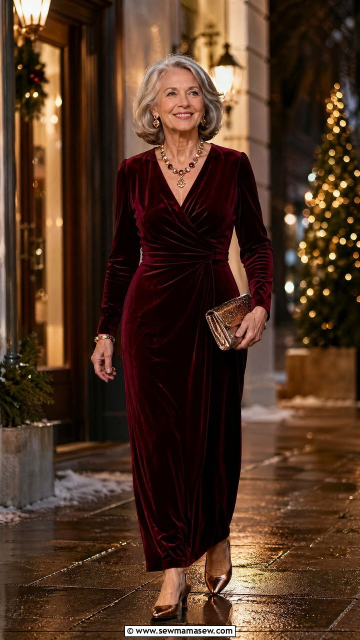 Burgundy velvet dress for winter wedding guest over 60 - 35 Wedding guest outfits for women over 60