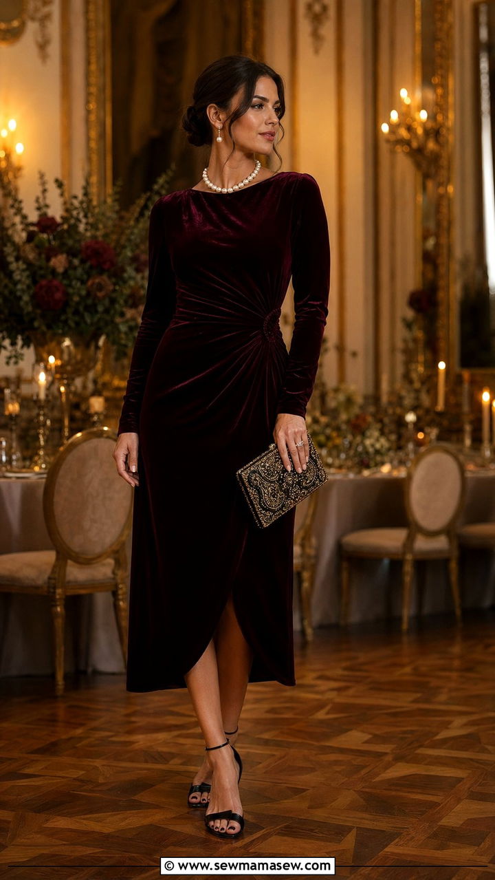 Burgundy velvet dress wedding guest outfit - 35 Quiet luxury outfit ideas for wedding guest