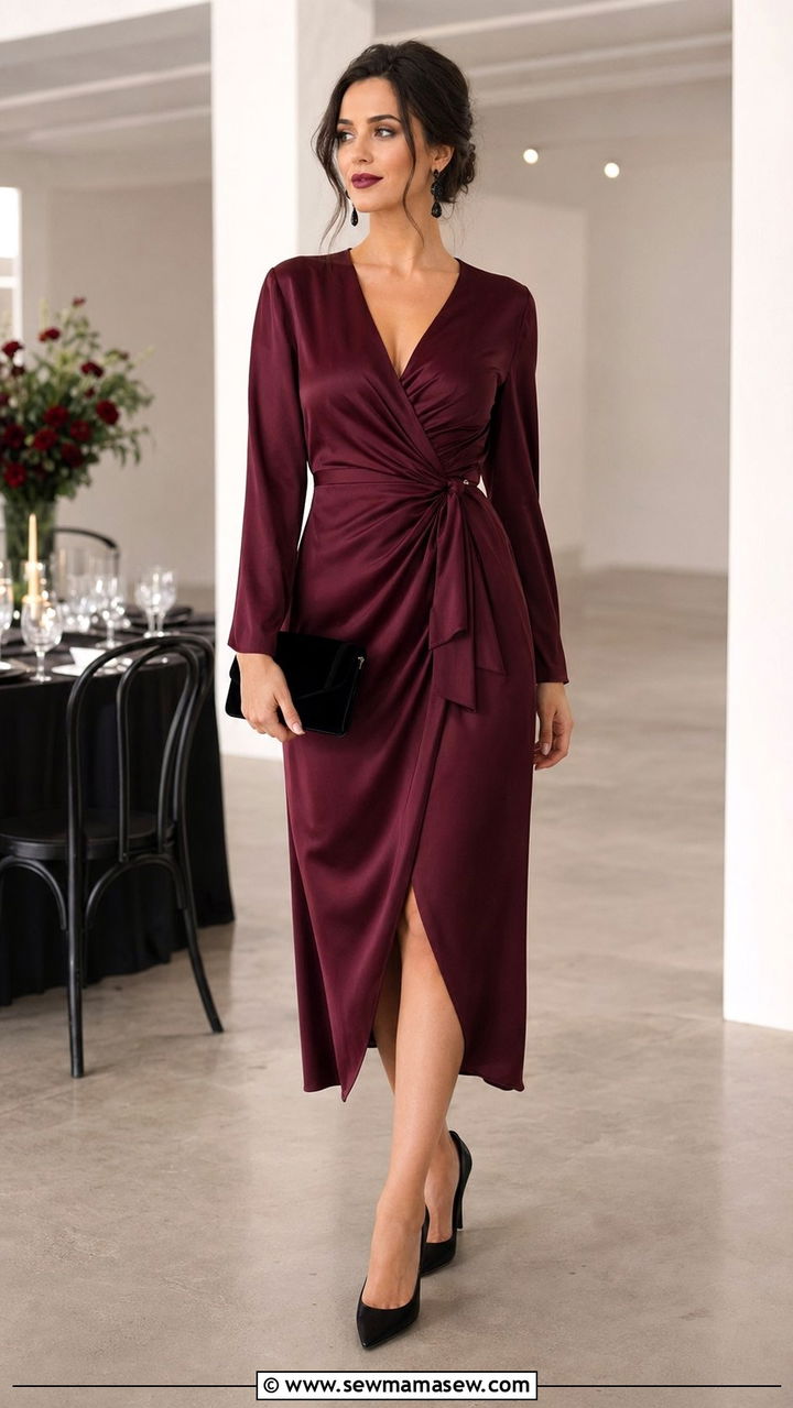 Burgundy wedding guest dress with black accessories - 30 Wedding guest outfits with dresses