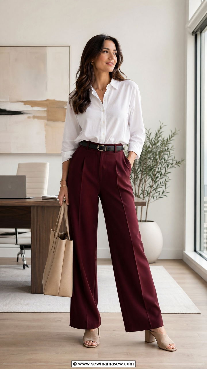 Burgundy wide leg trousers with white button down outfit - 35 Spring outfits in burgundy