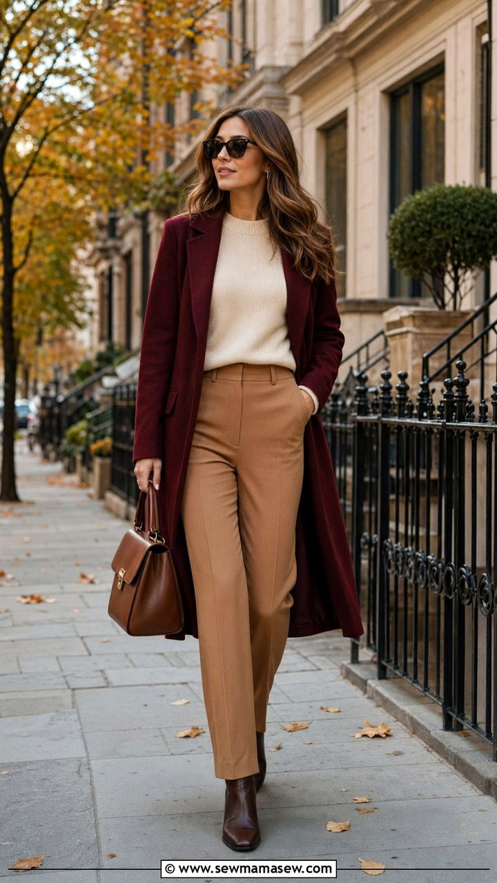 Burgundy wool coat with camel trousers outfit - 35 quiet luxury outfits ideas