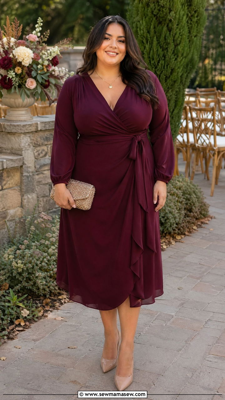 Burgundy wrap dress wedding guest outfit - 35 Curvy girl wedding guest outfits