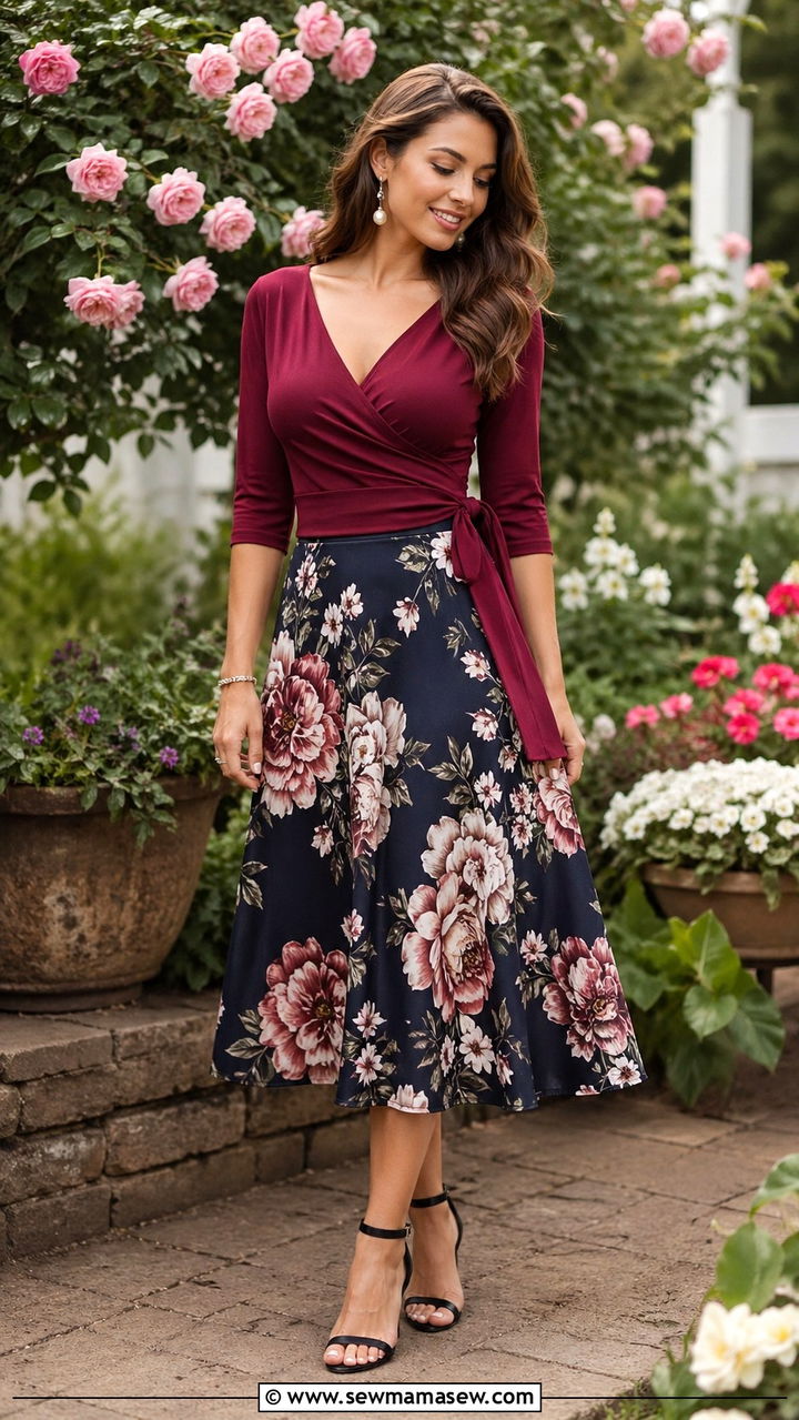 Burgundy wrap top with a floral skirt - 40 All burgundy outfit ideas