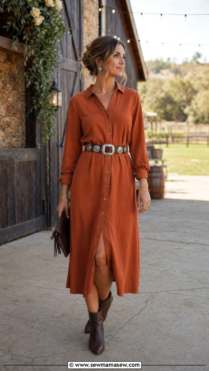 Burnt Orange Shirt Dress With Silver Western Belt - 30 Western outfit ideas for wedding