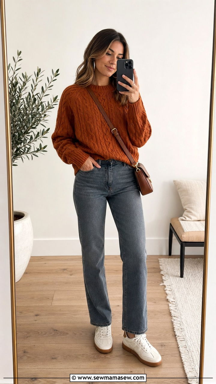 Burnt Orange Sweater and Gray Jeans - 35 Orange outfit ideas