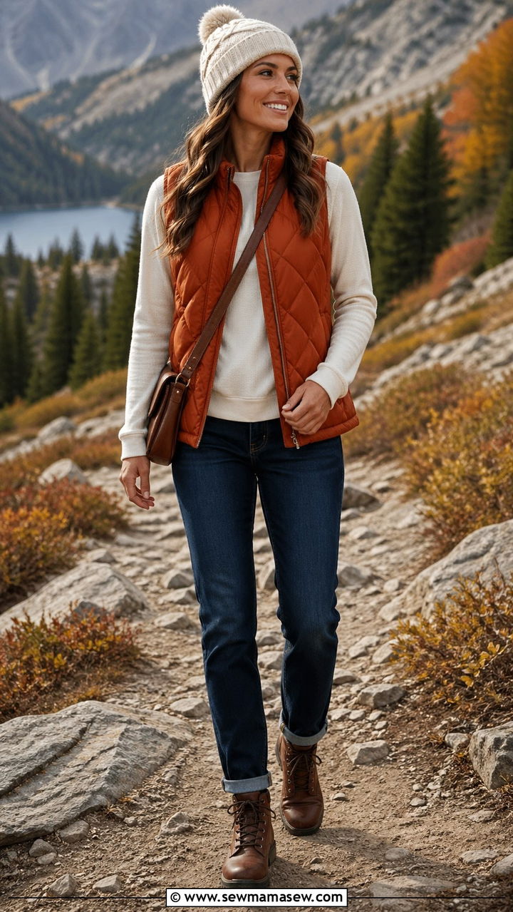 Burnt orange quilted vest with cream long sleeve tee - 40 All burnt orange outfit ideas