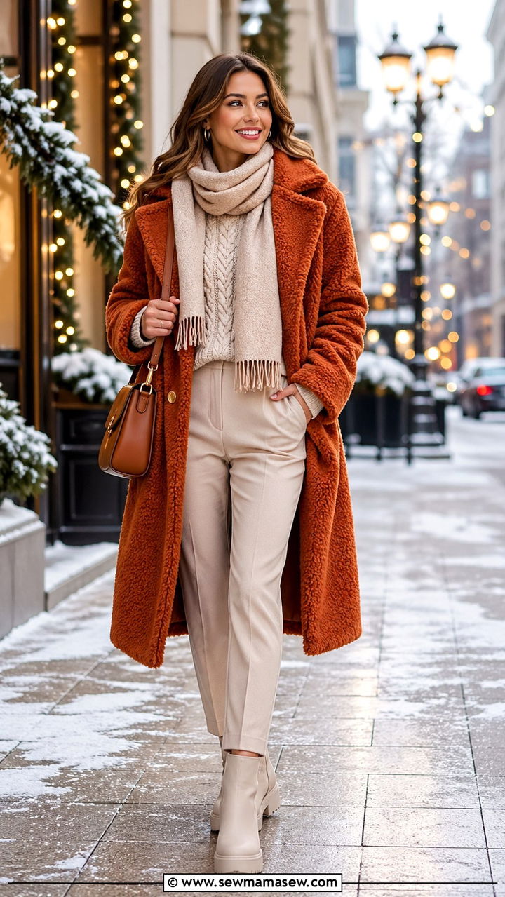 Burnt orange teddy coat with cream knit and beige trousers - 40 All burnt orange outfit ideas