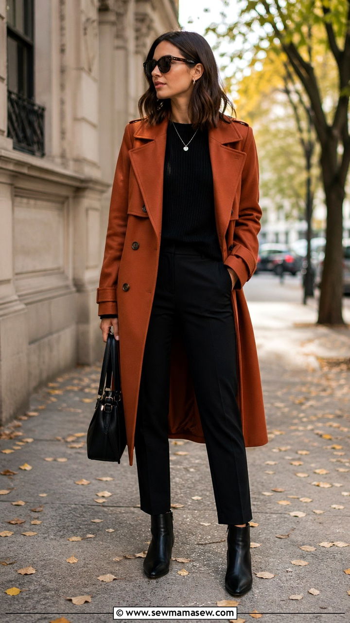 Burnt orange trench coat over all black basics - 40 All burnt orange outfit ideas