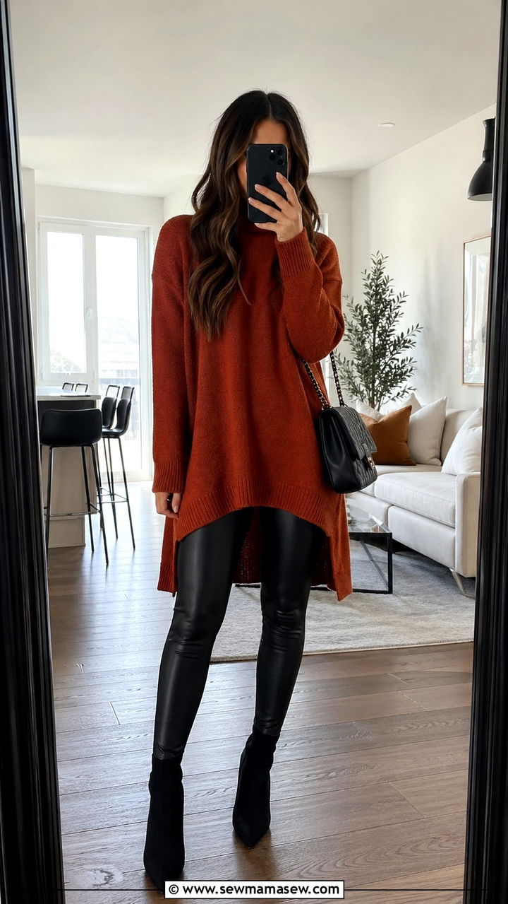 Burnt orange tunic sweater with faux leather leggings - 40 All burnt orange outfit ideas