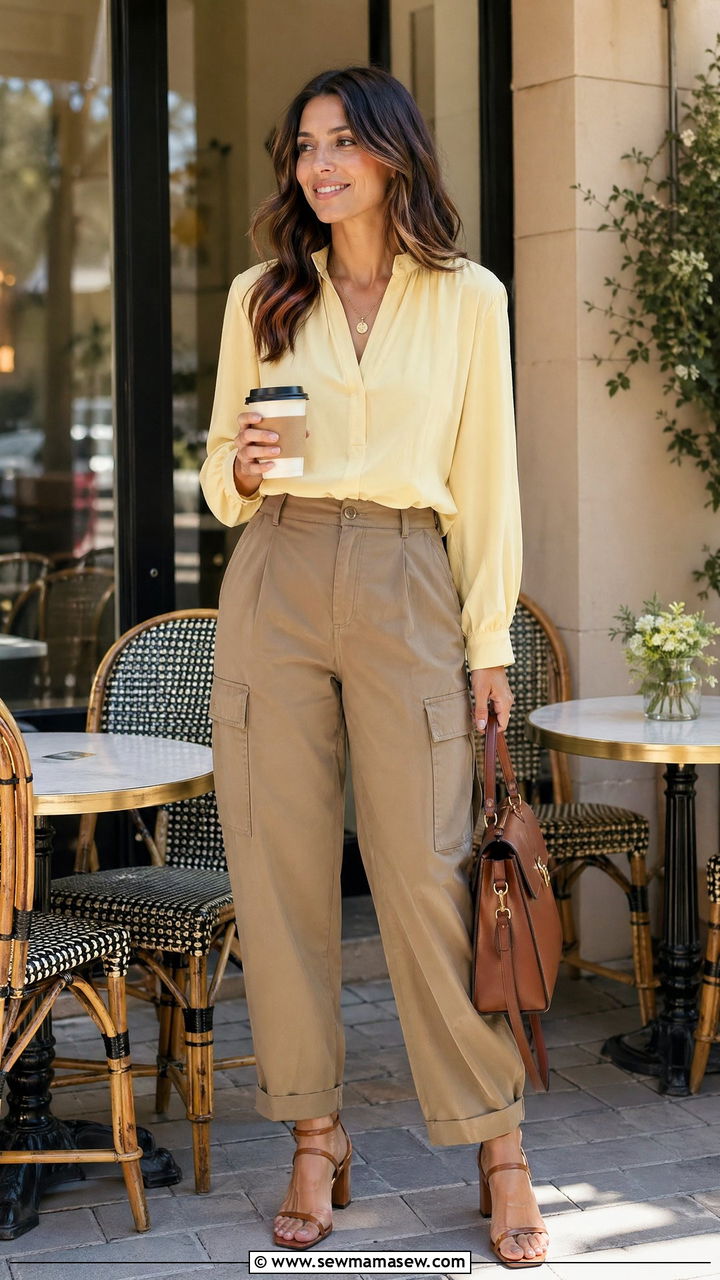 Butter Yellow Blouse with Khaki Utility Trousers - 35 Spring butter yellow outfit ideas