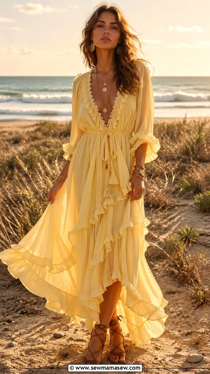 Butter Yellow Boho Maxi Dress With Gold Jewelry - 40 All butter yellow outfit ideas