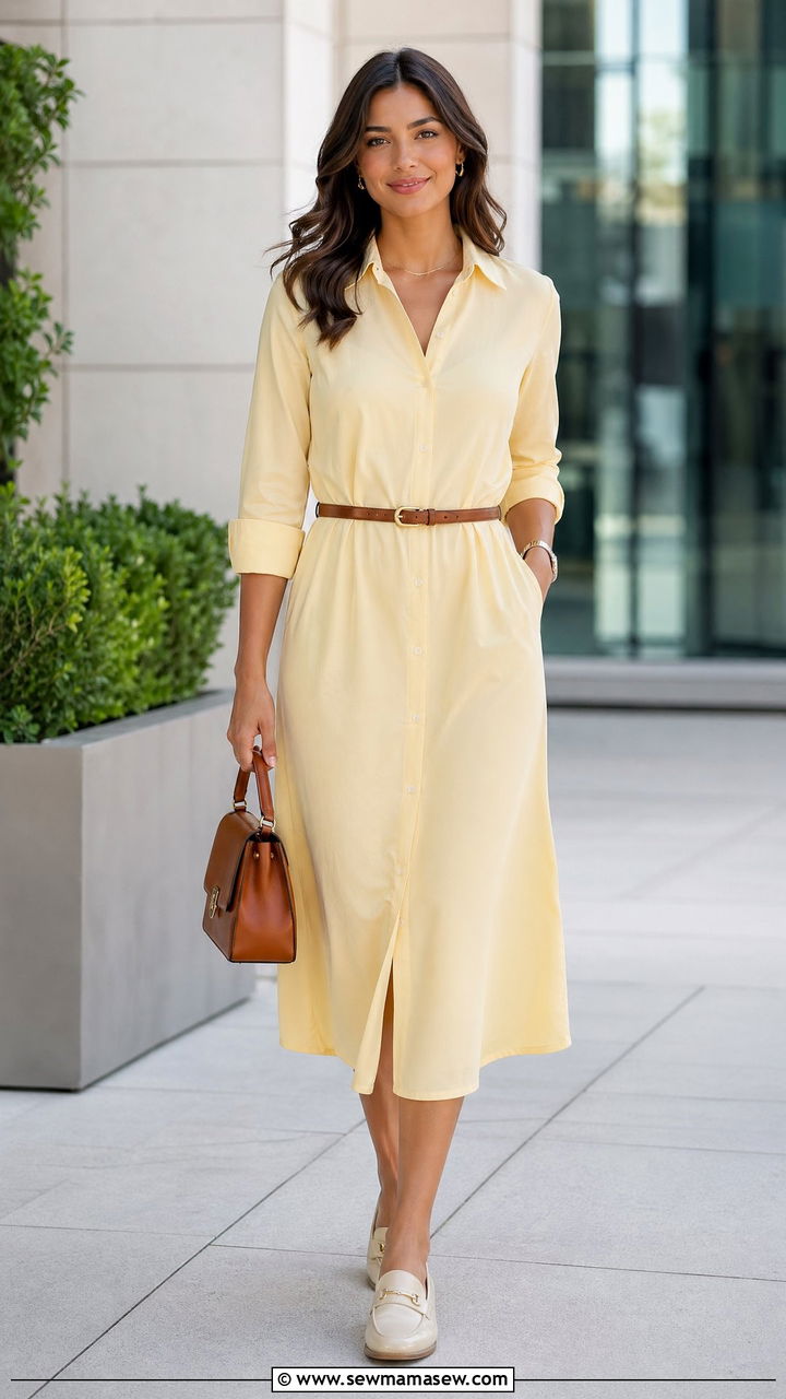 Butter Yellow Button Down Midi Dress With Loafers - 35 summer butter yellow outfit ideas
