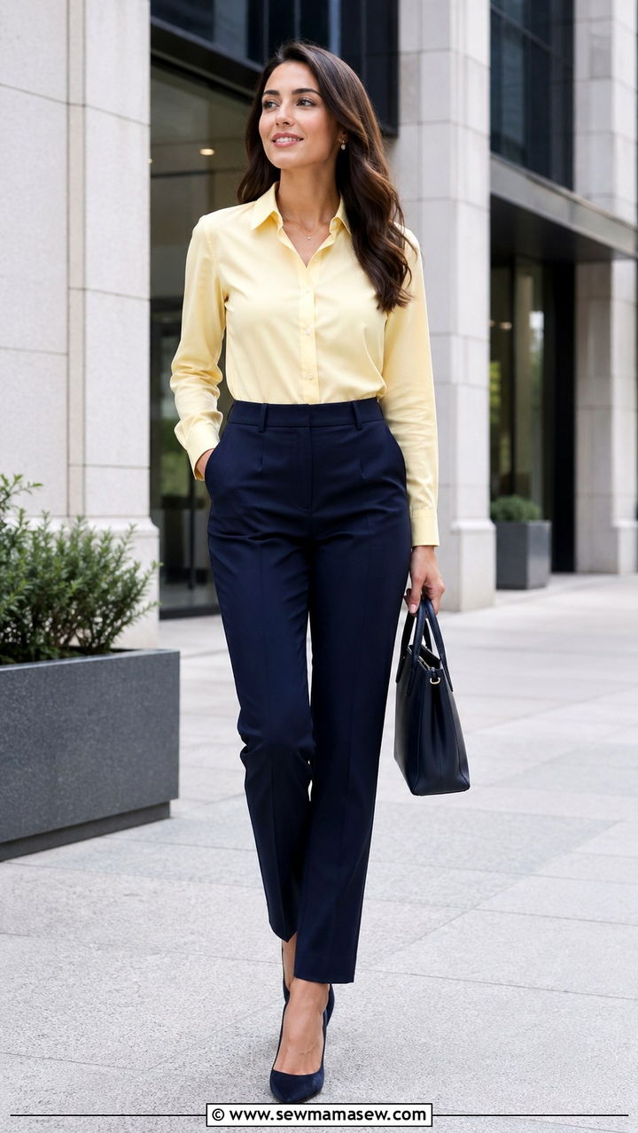 Butter Yellow Button Down Shirt With Navy Pants - 40 All butter yellow outfit ideas
