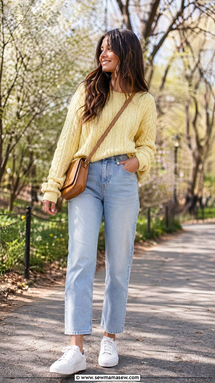 Butter Yellow Cable Knit Sweater with Straight Leg Jeans - 35 Spring butter yellow outfit ideas