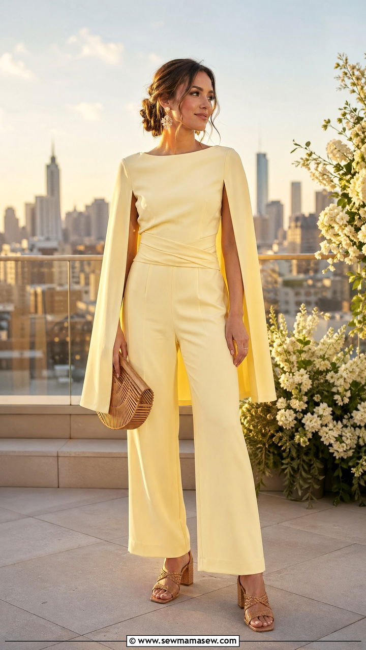 Butter Yellow Caped Jumpsuit With Woven Heels - 35 Wedding guest outfit ideas 2026