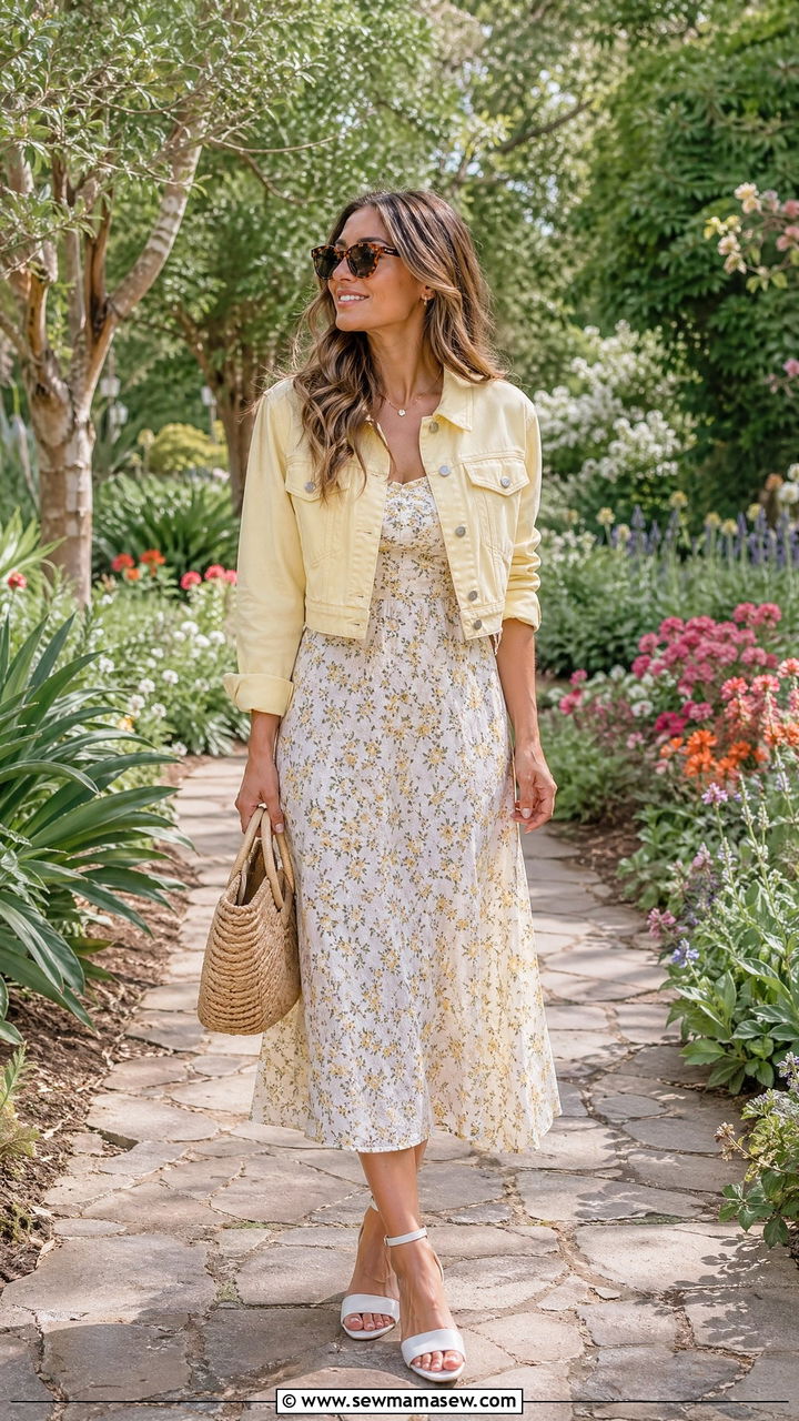 Butter Yellow Cropped Denim Jacket with Floral Midi Dress - 35 Spring butter yellow outfit ideas
