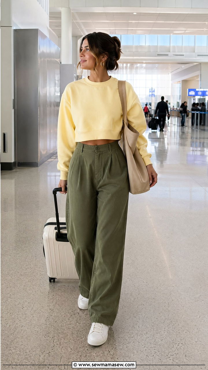 Butter Yellow Cropped Sweatshirt with High Waisted Olive Trousers - 35 Spring butter yellow outfit ideas