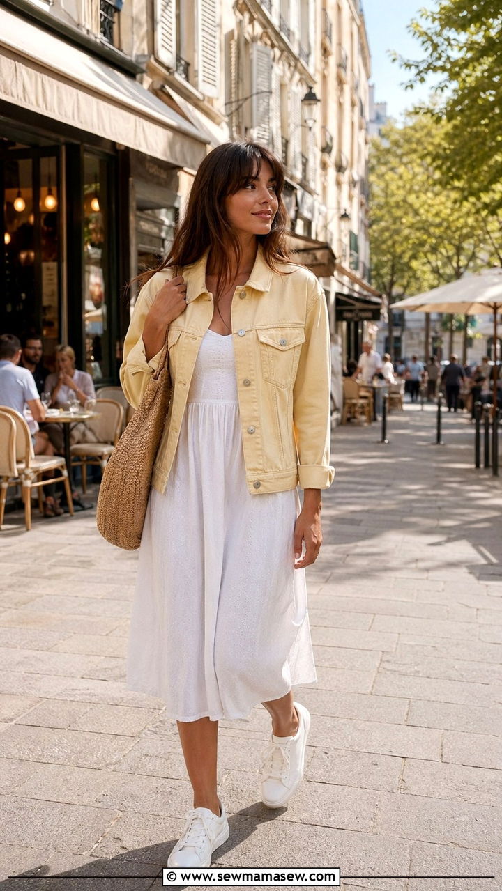 Butter Yellow Denim Jacket With White Dress - 40 All butter yellow outfit ideas